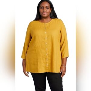 TAHARI Women's 100% Linen Button Front Tunic Top